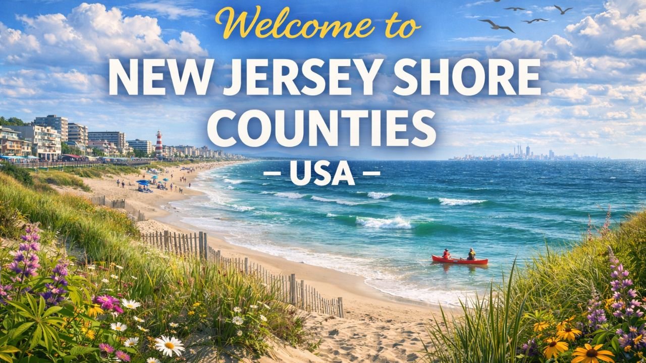 New Jersey Shore Counties property tax calculator showing property value input, municipality selection, property type, and 2024/2025 tax estimate tool with coastal scenery