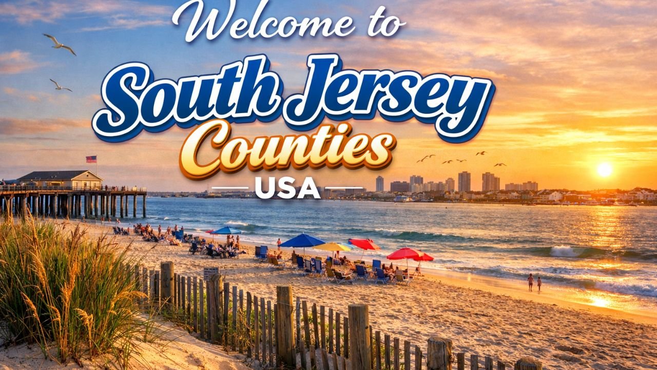 South Jersey Counties New Jersey property tax calculator showing property value input, municipality selection, property type, and 2024 & 2025 tax estimate tool with coastal and farmland scenery