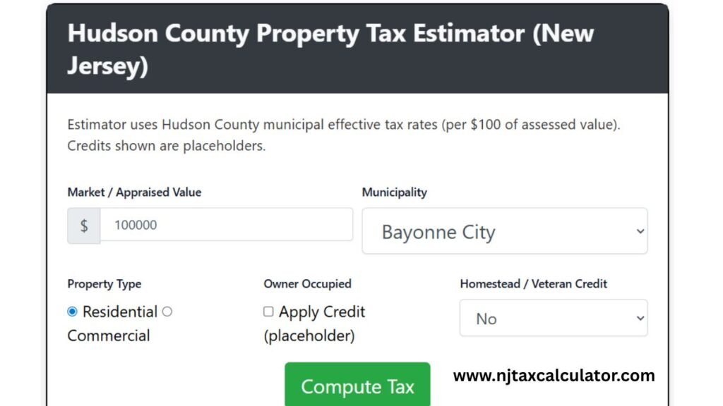 Hudson County New Jersey property tax estimator calculator , residential or commercial property type, homestead or veteran credit options, and compute tax button